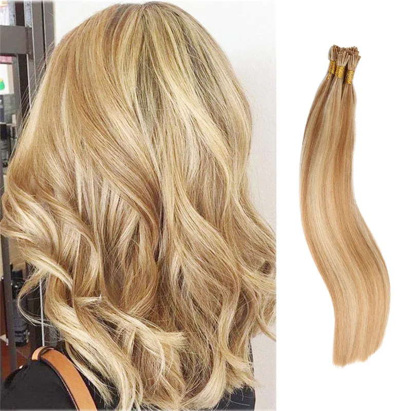 Pre bonded I Tip Human Hair Extension Fusion Stick Tip Remy Human Hair Piece Invisible Keratin Glue Golden Bleach Blonde