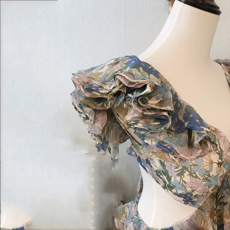 

GVUW Women printing ruffles hollow out midi-long Dress V- Neck Sleevesless Fit Female Fashion Spring Summer 2021 New 20D1892