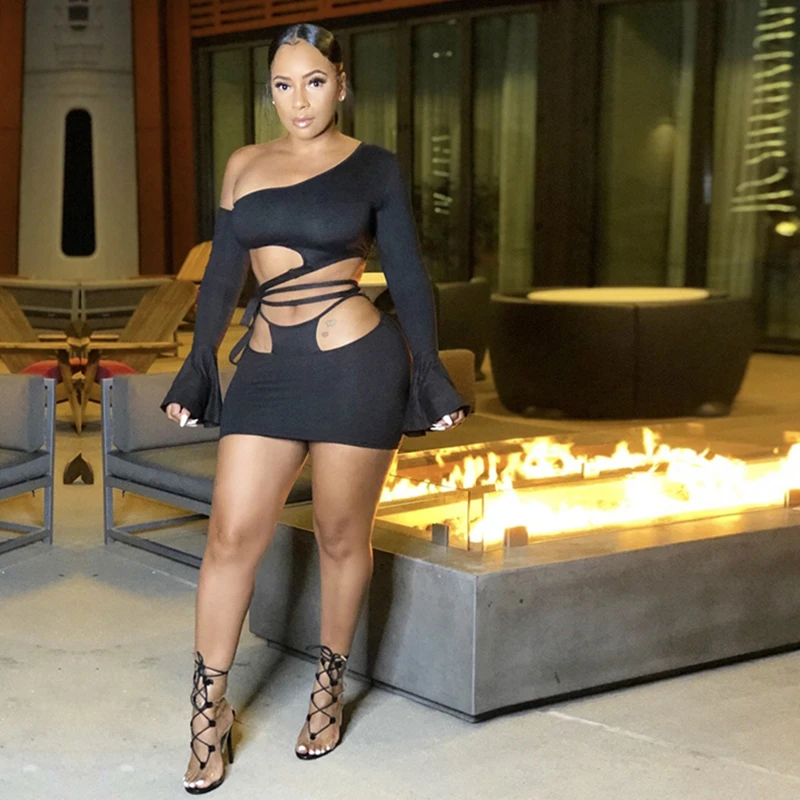 

Womens Sexy Slanted Shoulder Flared Sleeve Lace-up Skirt Set