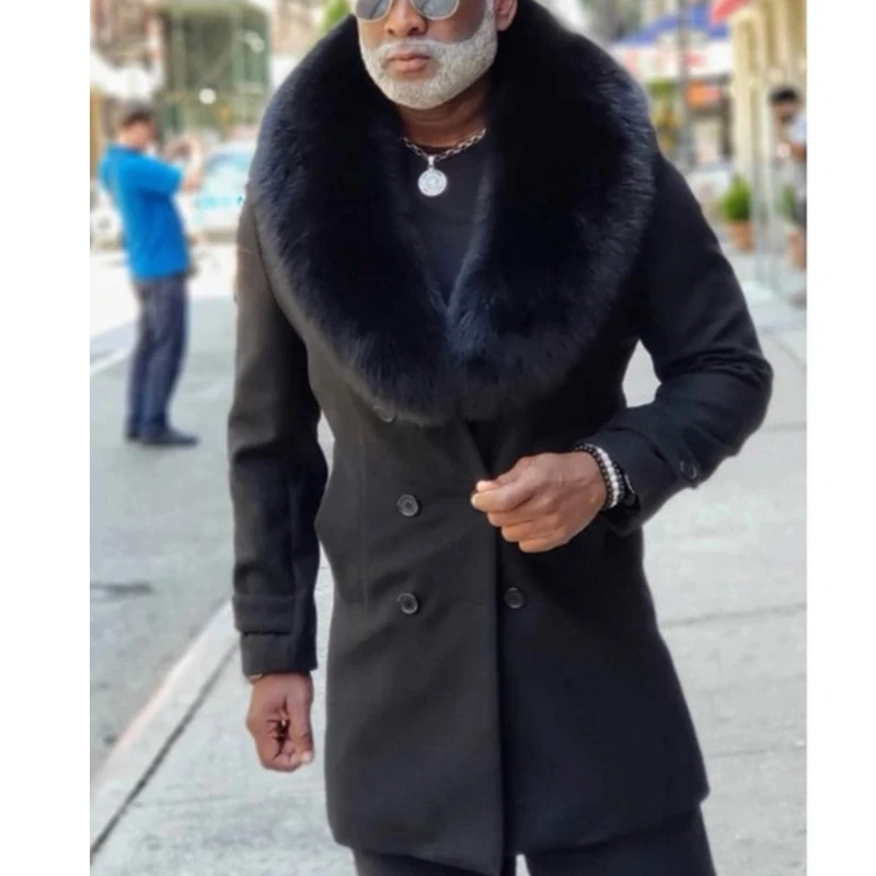 

Куртка Wepbel Мужская двубортная, Смешанная шерстяная куртка с большим меховым воротником, модная верхняя одежда с длинным рукавом, черная, на ...