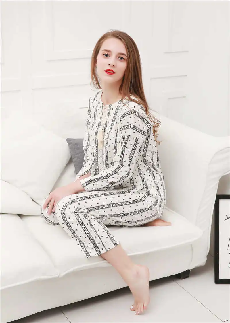Spring Women SleepWear Cotton Casual 2 Pics Pants Tops