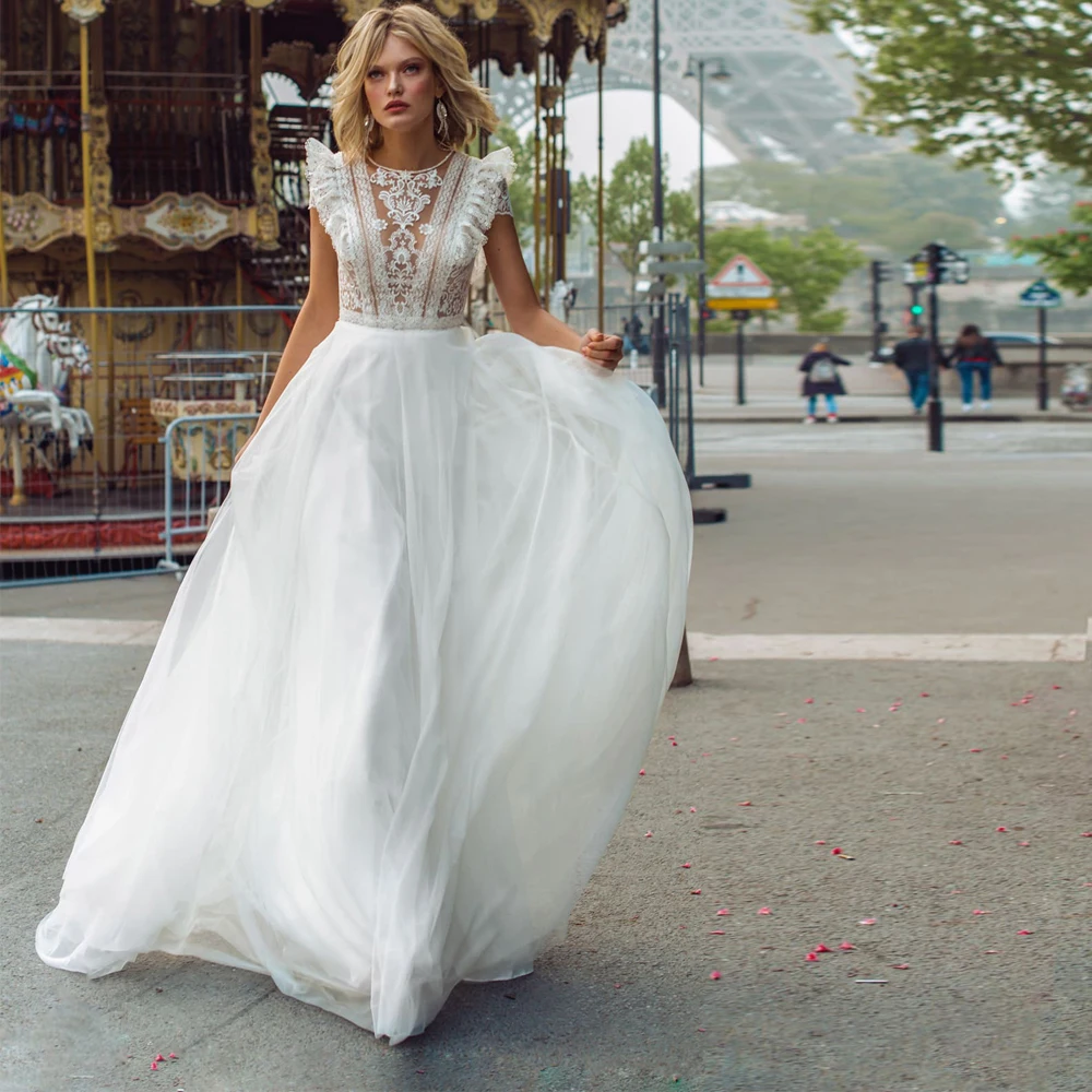 

Vestidos Charming Wedding Dresses Tulle Illusion Lace O-Neck Short Sleeve Covered Button A-Line Bridal Gowns