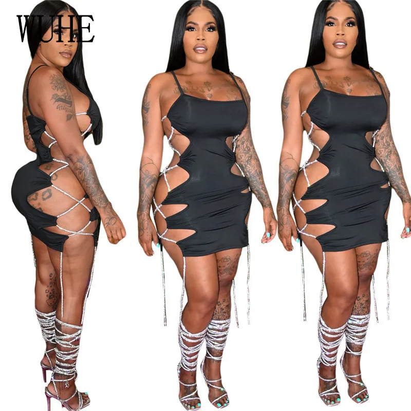 

Сексуальное платье WUHE для ночного клуба на тонких бретельках с перекрестной шнуровкой и открытыми плечами без рукавов Женские Повседневны...