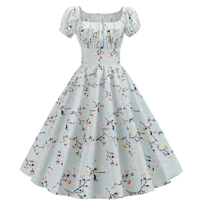 

Flower Print Summer Dress Puff Sleeve Casual Square Collar Midi Dresses Harajuku Vintage Floral Female Vestidos Women Clothing