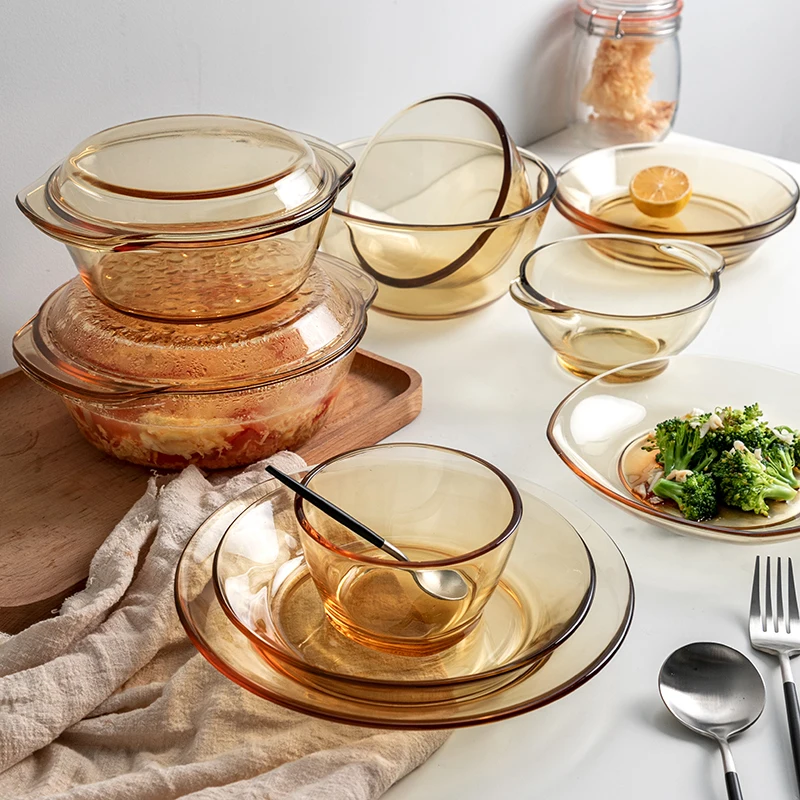 

Glass Dinnerware Set Amber Clear Dishes Set Round Serving Plate Dinnerware Set Plate Dish Bowl Tableware Set Dishwasher safe