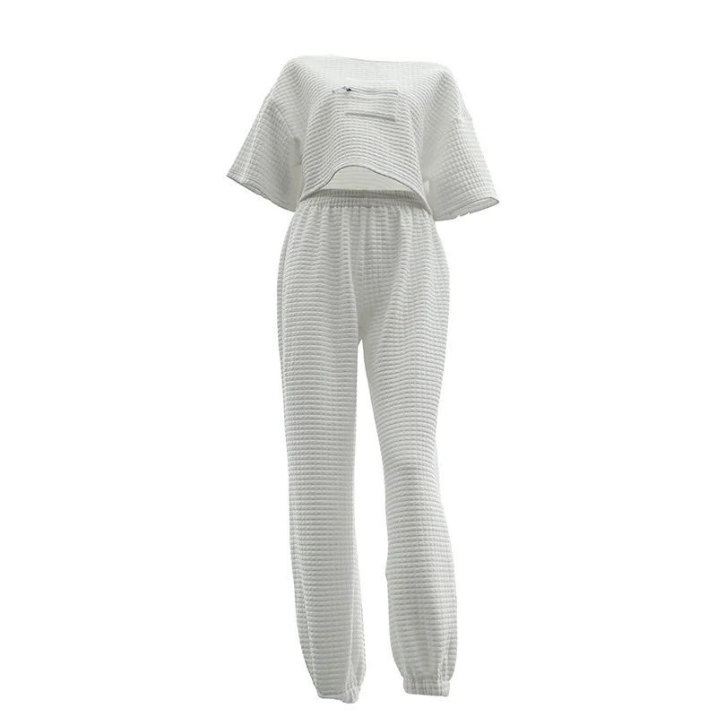 

Spring Summer Women New White Plaid Leisure Short Sleeve Crop Tops Pants Two Piece Set 2021 New Fashion Casual Solid Streetwear