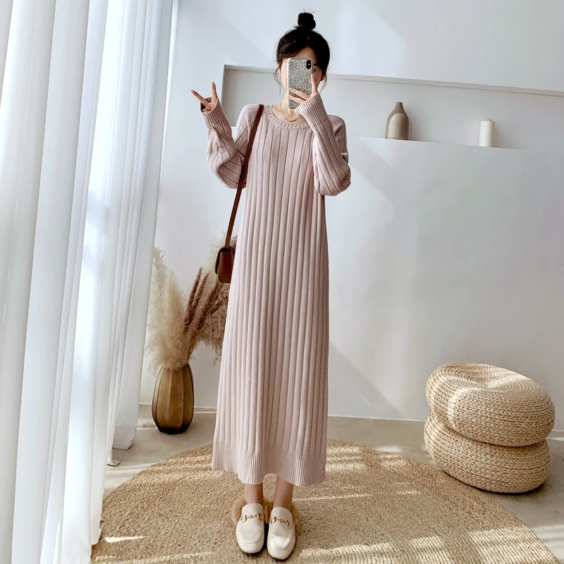 2020 весеннее женское Модное Длинное Трикотажное Платье До Колена повседневное