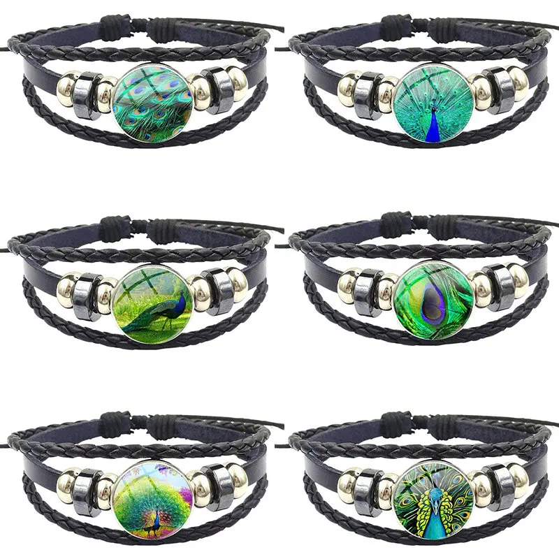 Черный кожаный браслет стеклянный кабошон винтажные массивные модные украшения