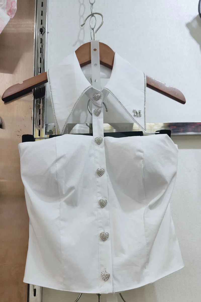 

Casual Fashion Diamond Patched Sleeveless Vest Women's Turn-downed Collar Halter Solid Color Backless Tube Top