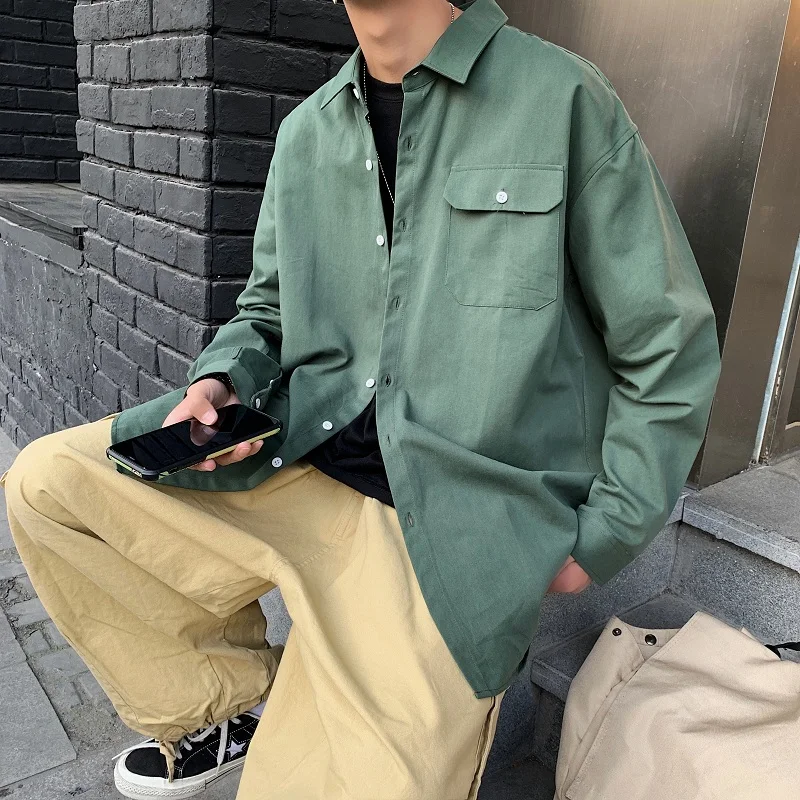 

Long Sleeve 3XL Shirts Men Solid Safari Style Teenager BF Harajuku Pockets White Shirt Spring Loose Cozy Classic Outwear Retro