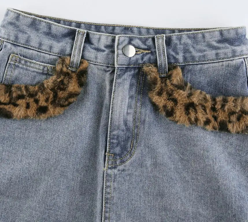 

Patchwork Furry Leopard High Waist Jean Skirts Womens 2021 Spring Casual Fashion Pokcet Mini Denim Skirt Ladies Streetwear p2080