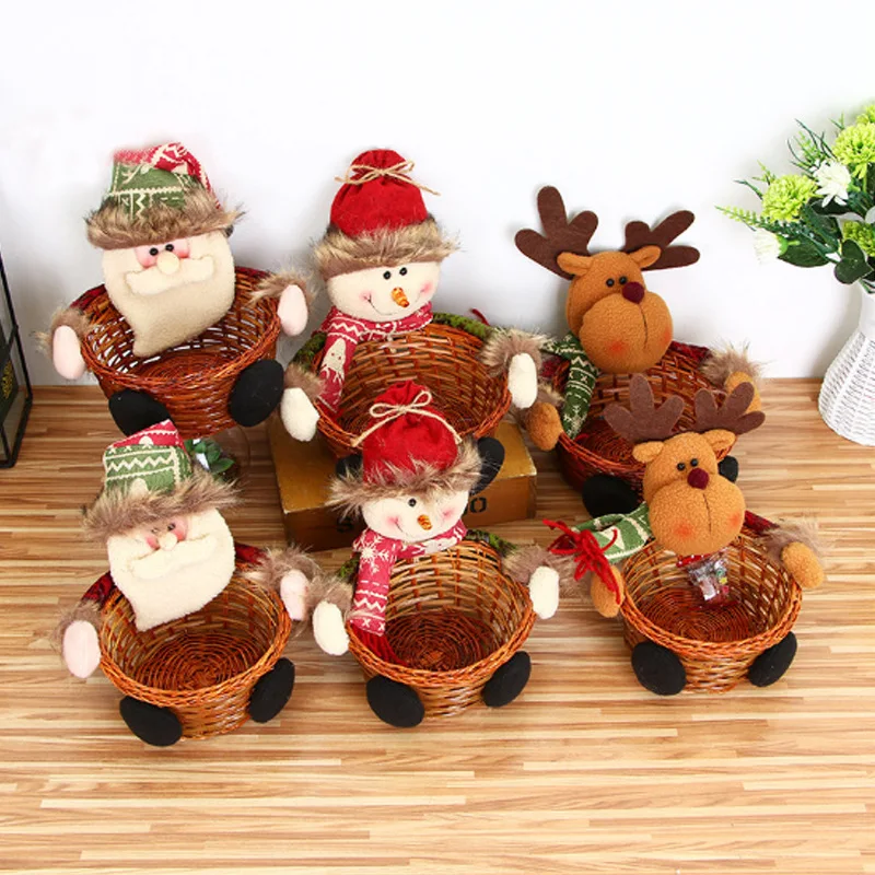 

20cm Elk Snowman Santa Claus Fruit Storage Baskets Food Holder Merry Christmas Candy Wicker Basket Christmas Party Decorations