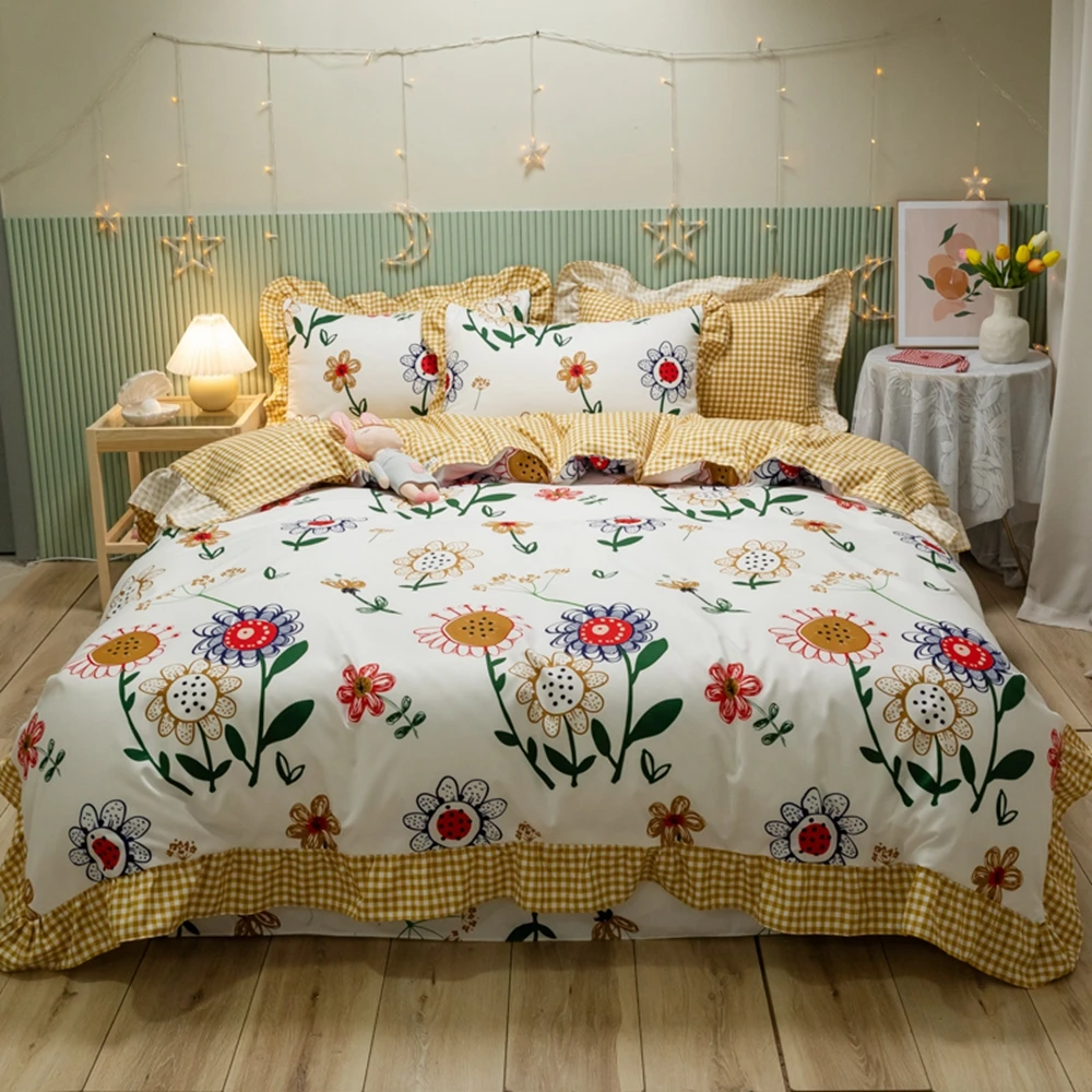 

Yellow Flowers Bedding Sets Lace Duvet Cover Lotus Leaf Edge AB Side For Home Single Double Bed Cover Sheets Sets on the bed