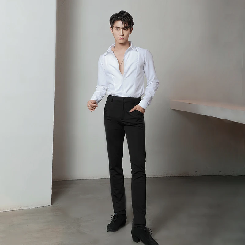 

Classic Latin Dance Shirt For Men Training Dance Clothes Standrad Ballroom Competition White Shirt Tango Salsa Costume DNV14152