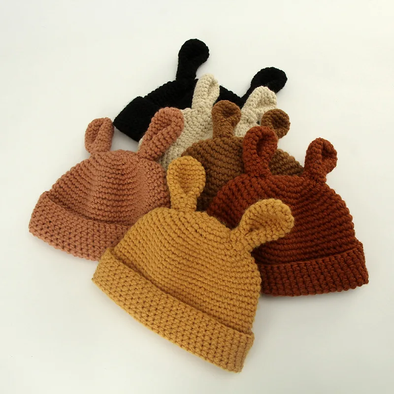 Осенне зимние вязаные шерстяные милые шапки женские теплые с кроличьими ушками