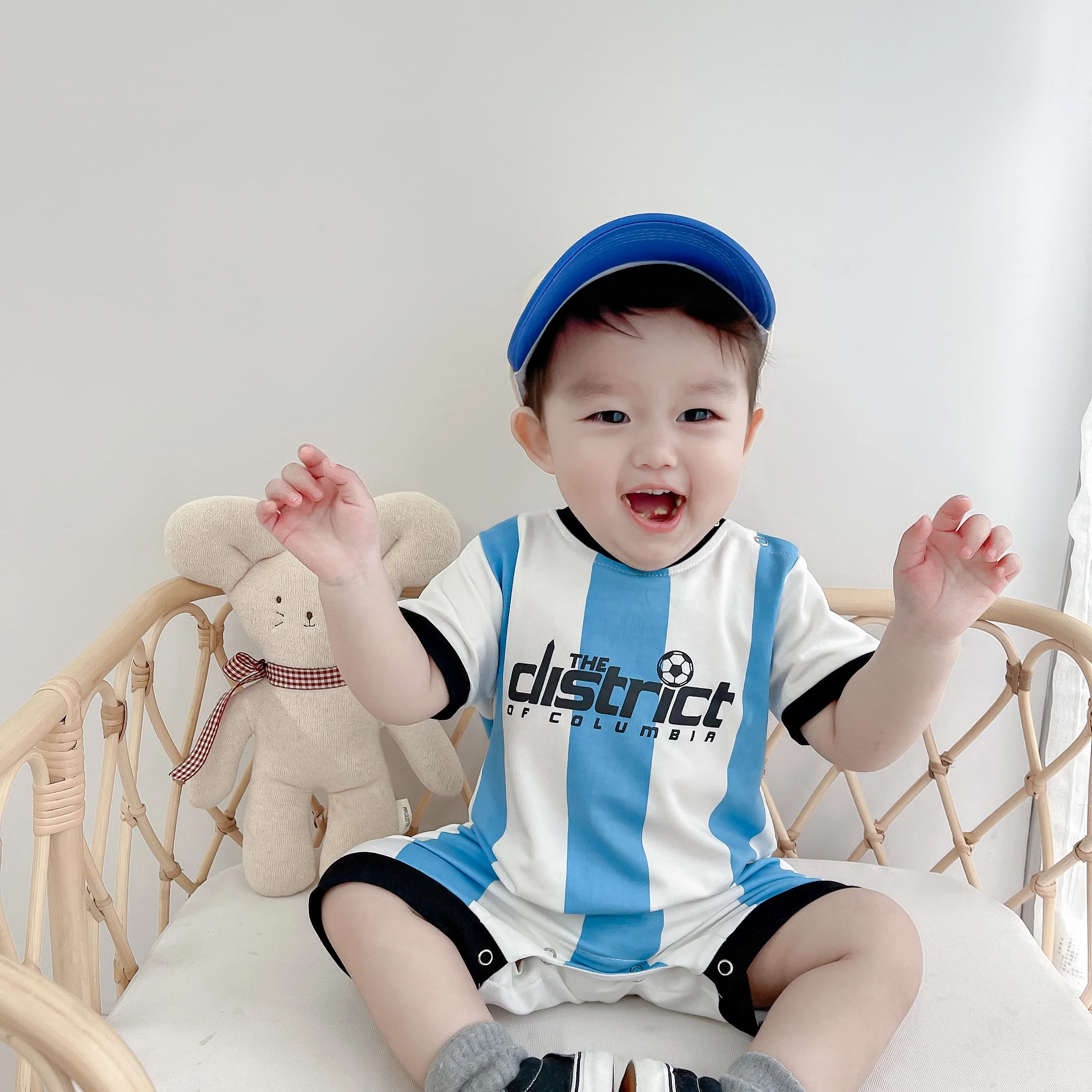 

Summer One Piece Rompers for Babies children's Soccer Short Sleeve Blue and White Stripes Outfits Cotton Tracksuits Kids clothes