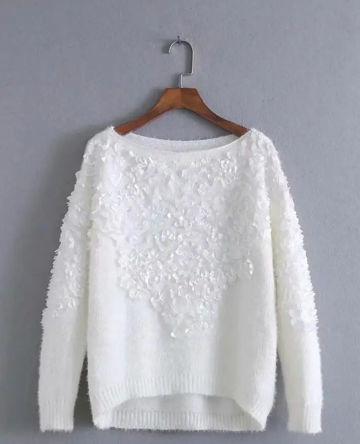 Женский трикотажный пуловер с длинным рукавом и круглым вырезом - купить по