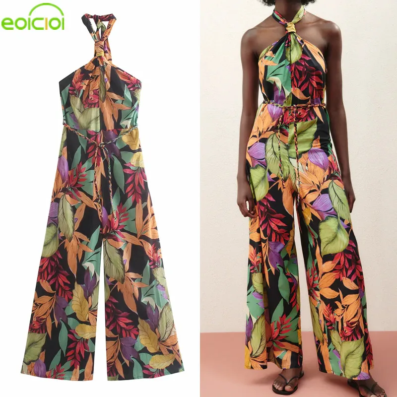 

EOICIOI Za 2021 Halter Print Female Jumpsuit Women Elegant Long Jumpsuits Summer Beach Backless Jumpsuits Strapless Jumpsuit