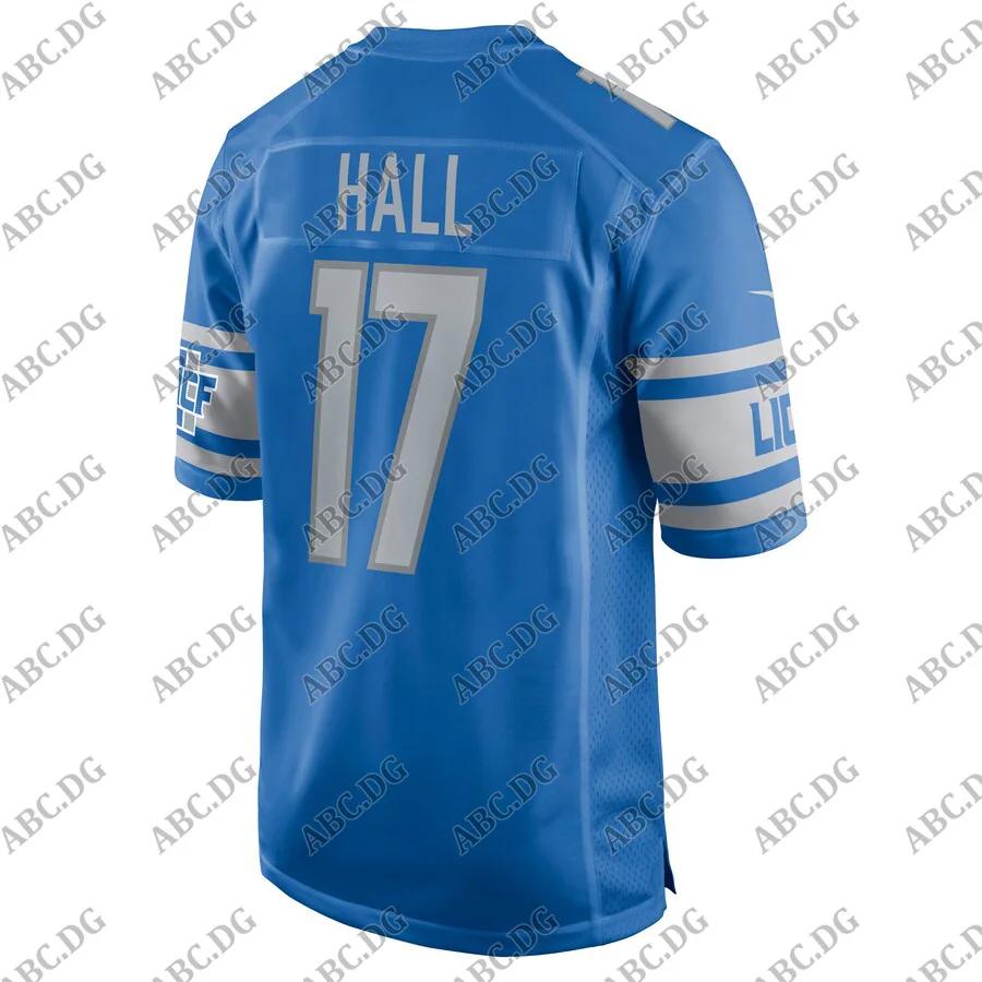 

Customized Stitch American Football Jersey Men Women Kid Youth Detroit Marvin Hall Blue Game Jersey
