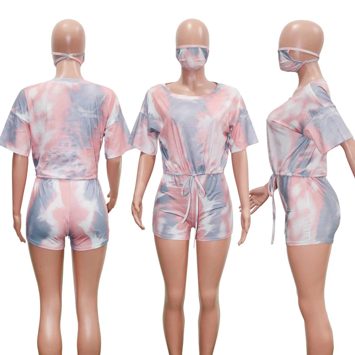 

Donsignet Fashion Women's Suit New Casual Hot Sale Round Neck Pullover Multicolor Printing Bandage Sports Shorts Two-piece Suit