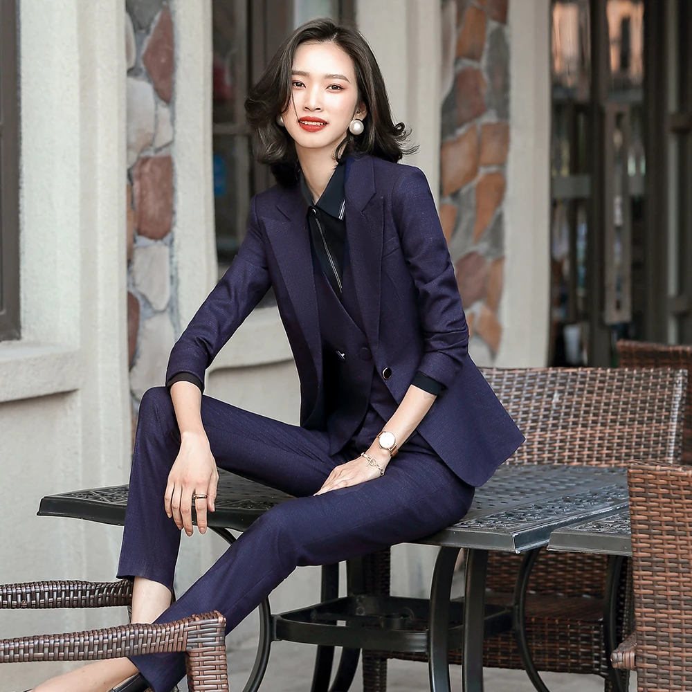 

Purple Black Blue Blazer Vest and Trousers Women Formal Pant Suit High Quality Office Lady Business Work Career Wear 3 Piece Set