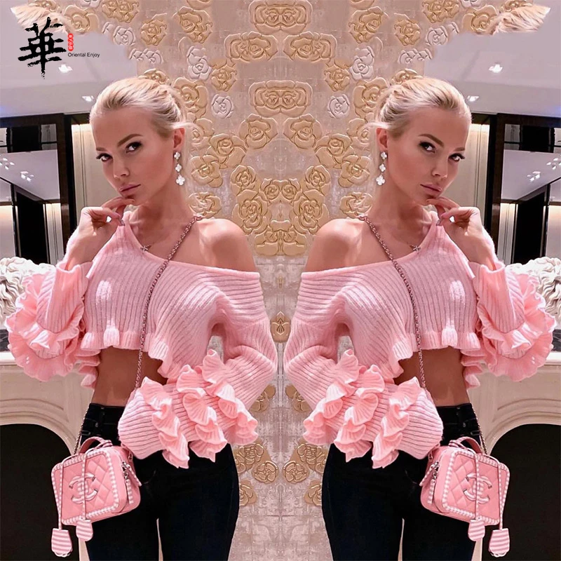 Кроп-топ женский розовый пуловер джемперы милые топы укороченный свитер с