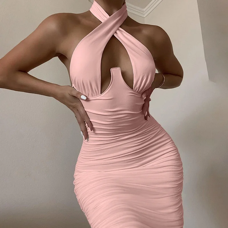 

CHRONSTYLE Female Vestidos Clubwear 2021 Sexy Women Off Shoulder Criss-cross Halter Backless Dress Front Hollow Out Slim Dresses