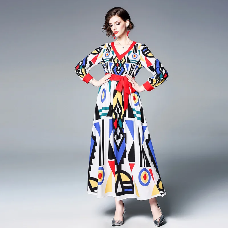 

Fashion Spring Elegant high quality Women Dresses V-Neck Geometric Print Long Sleeved Waist Temperament Lady Dress Vestidos
