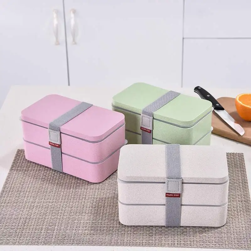 

1200ml Japanese Heated Lunch Box Microwavable Healthy Wheat Straw Double Layers With Spoon Food Storage Container Lunchbox