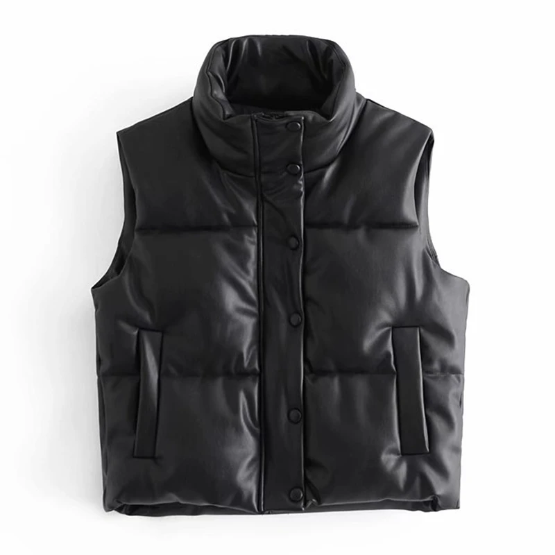 

Women Faux Leather Vest Jacket Winter Sleeveless Stand Collar Black Coats And Jackets Fashion Casual Outwear 2021 Ropa De Mujer