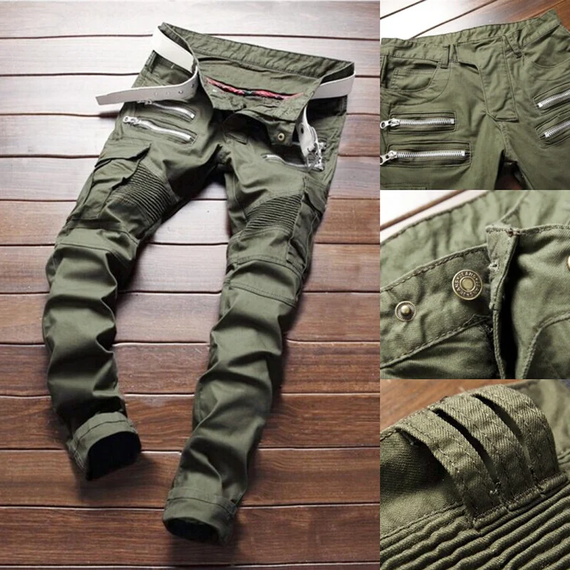 

New Men's ArmyGreen Biker Jeans Fashion Slim Multi-pocket Punk Hip-hop Personality Male Denim Trousers Pantalones De Hombre
