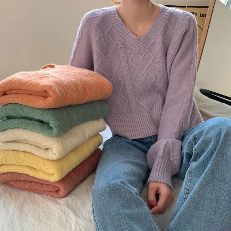 

Sweater Women 2021 Fall V-neck Pullover Loose Korean Knitted Blouses Solid Color Autumn Retro Knit Blouses Short Sweater Top