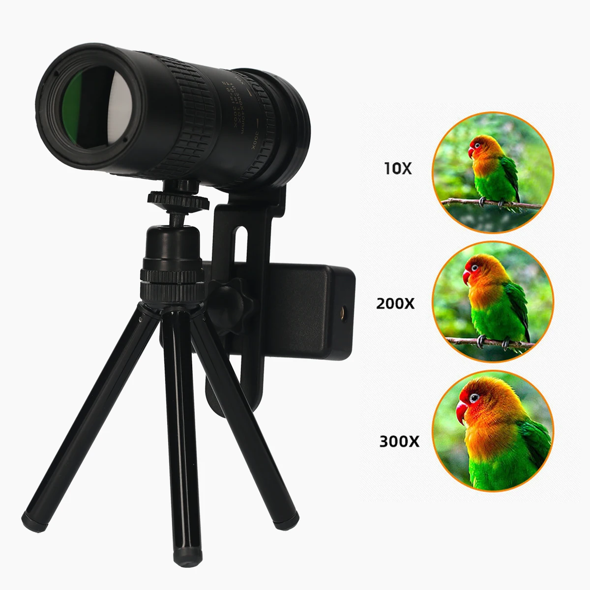 

10X-300X Monocular Telescope Compact Telescope Multi-coated BAK4 Prism Monoculars with Phone Holder Tripod Carrying Bag Lanyard