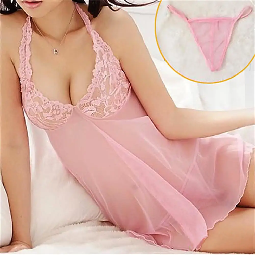 Сексуальные Женщины Холтер Кружева спинки Babydoll пижамы платье + стринги ночное