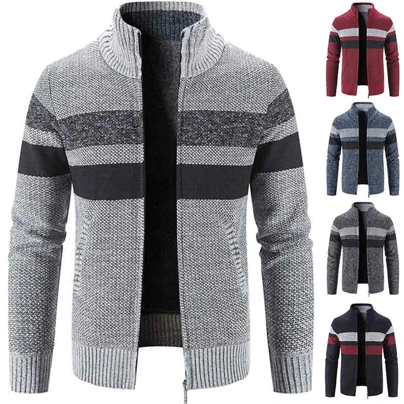 

Мужской зимний кардиган на молнии, с карманами, в полоску