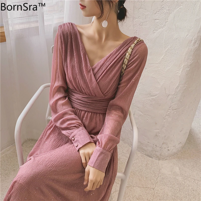 

BornSra Elegant Solid Female A-line Dress Pleated Party Vestidos 2020 Vintage V-neck Slim High Waist Women Long Dress femme