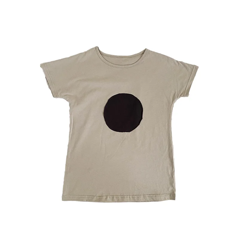 

2021 New Girls round patchwork short sleeve T shirts Children Cotton Loose Long Style Tops