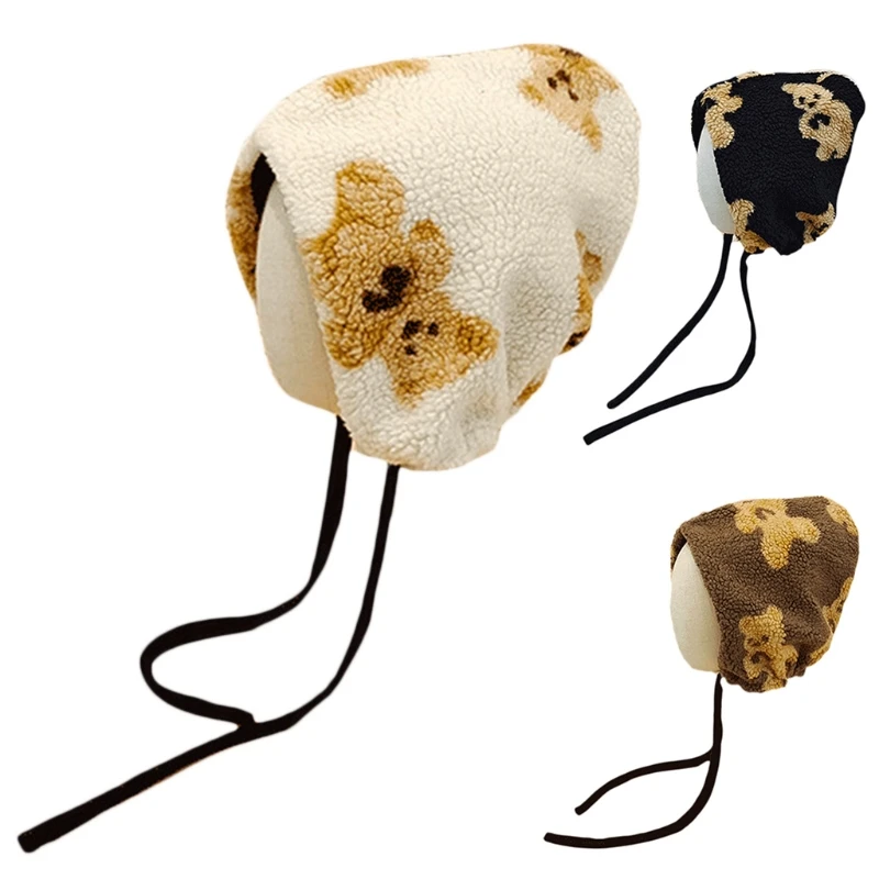

573B Bear Print Beanie Cute Laceup Bear Ear Warm Fleece Hat All-match Fall Winter