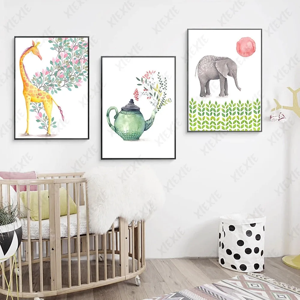 

Cartoon Animal Poster Elephant Giraffe Canvas Painting Art Rural Style Wallpaper Craft Print Picture Decoration Home Living Room