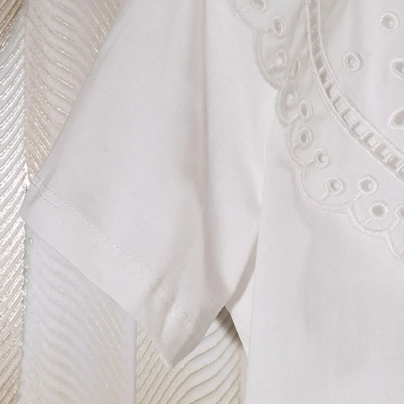 

Harajuku White T shirt Women HOllow Out Peter Pan Collar Short Sleeve Cotton Tee Shirt T-shirt 2021 Designer Summer Top Mujer