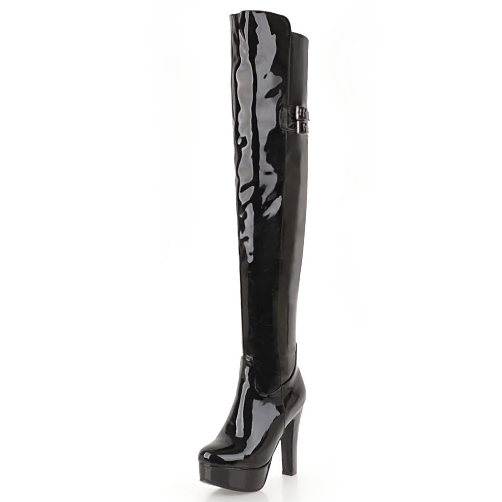 black 1 thin fur BONJOMARISA 32-48 модные сапоги до бедра из лакированной искусственной кожи женские вечерние ботфорты выше колена женская обувь на платформе и высоком каблуке - Цвет: black 1 thin fur