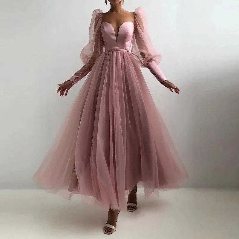 

Dusty Pink Prom Gowns Sweetheart Puff Long Sleeves Tulle A-Line Arabic Evening Dress Wedding Party Dress for Graduation