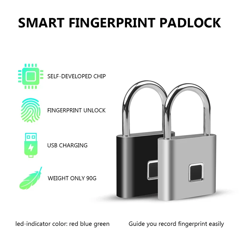 

USB Rechargeable Smart Fingerprint Padlock fingerprint sensor Unlock fingerprint door lock Anti-theft lock for cabinet