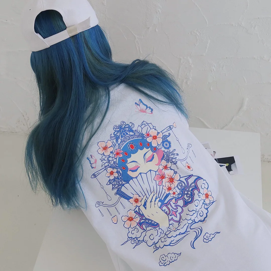 

100% Cotton Woman Tshirts Urban Leisure European American Peking Opera Graphic Tee Loose Sleeve O Neck Short Sleeve Harajuku Top