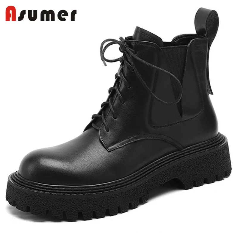 

Женские ботинки из натуральной кожи ASUMER, черные повседневные ботильоны на плоской подошве, со шнуровкой, Осень-зима 2022