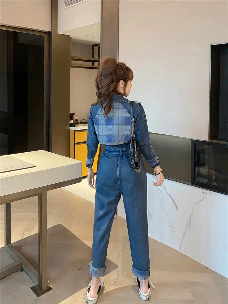 

Casual Women's Denim Jumpsuit Female 2021 Spring High Waist Long Sleeve Stitching Fashion Loose Overalls Denim Rompers for Women