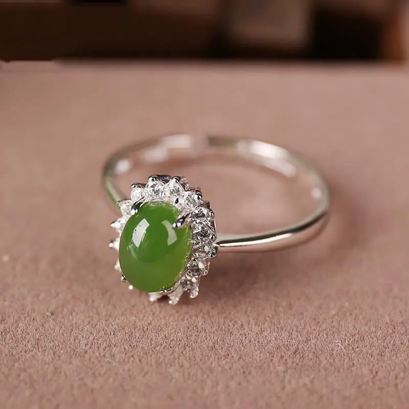 

Original New Hetian Jade Diamond Egg Round Opening Adjustable Ring Retro Aristocratic Light Luxury Charm Female Silver Jewelry