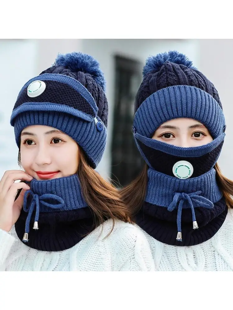 

3 In 1 Women Winter Beanie Hat Scarf Valves Face Mask Set Cable Knit Plush Lining Windproof Pompom Skull Cap Neck Warmer