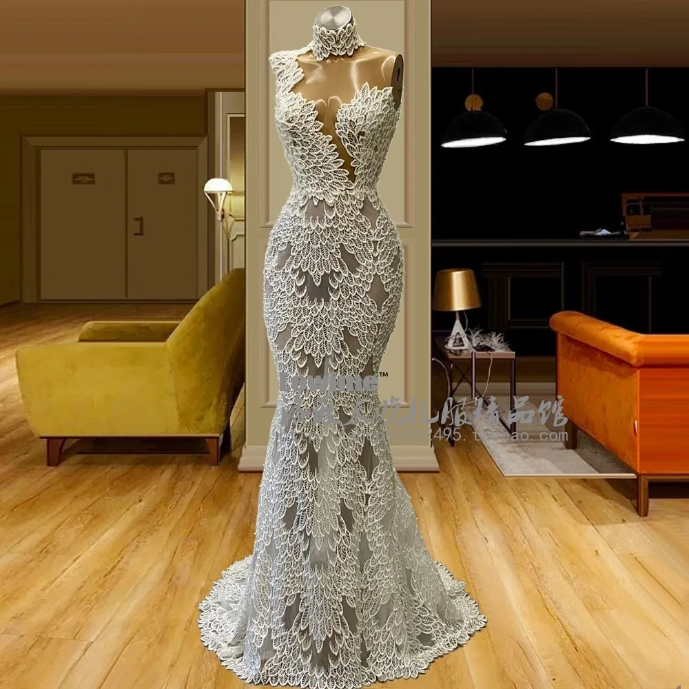 

2020 New Sheer High Neck Lace Mermaid Wedding Dress Bridal Gown Sexy See Though Bridal Dresses
