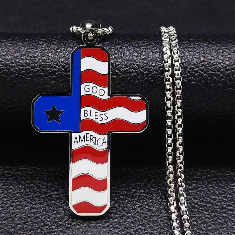 

GOD BLESS AMERTCA CROSSS Big Necklaces Silver Color Stainless Steel Necklace Chain Jewelry collier inoxydable femme NXS05